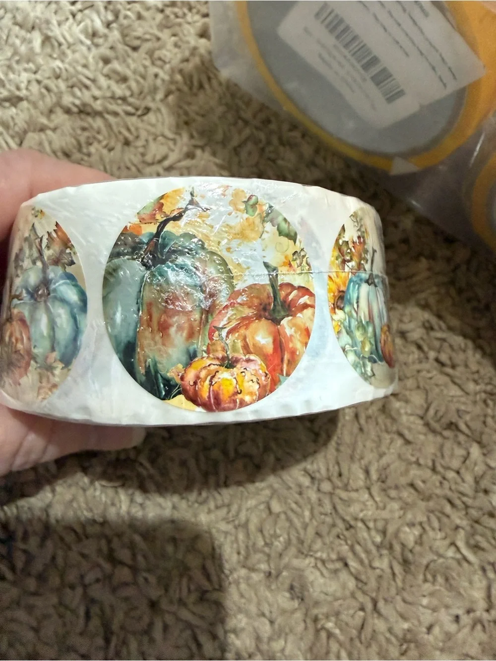 Round Autumn Pumpkin Sticker Roll - Watercolor Harvest Design 1000 count